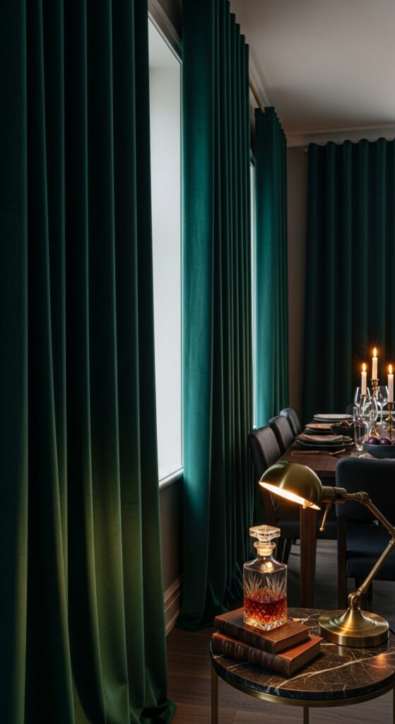 Rich Emerald Velvet Curtains for a Jewel-Toned Dining Room