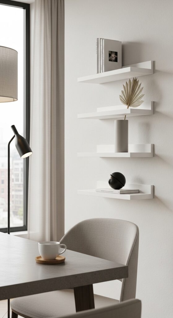 Sleek White Lacquer Shelves for a Modern Dining Room