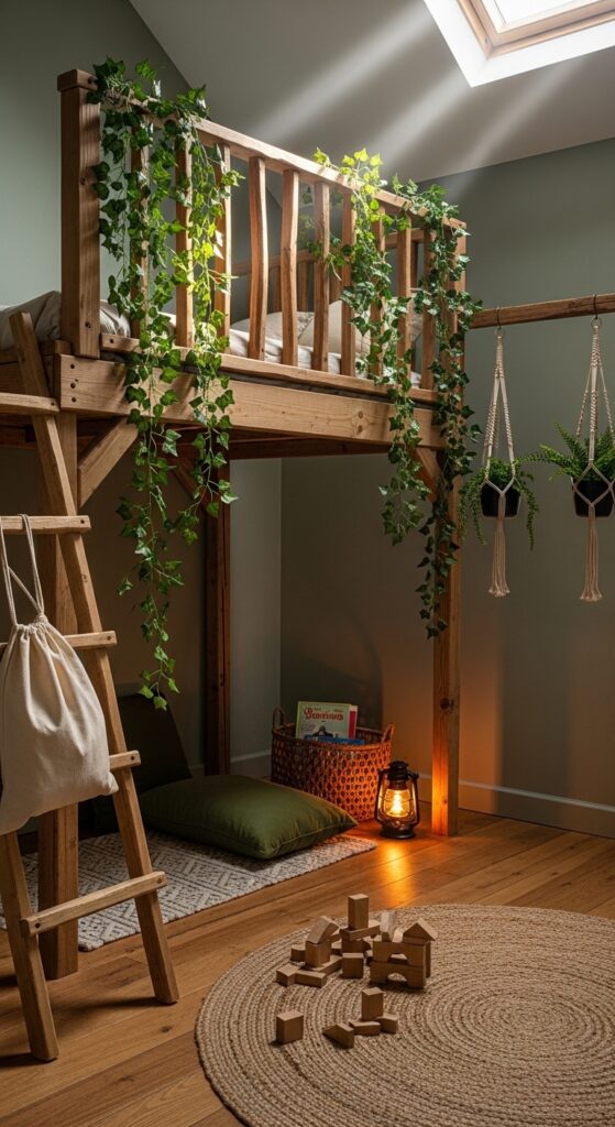 Treehouse Loft Bed with Greenery Accents