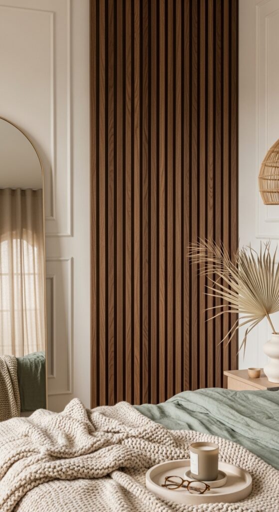 Vertical Wood Slat Wall in Warm Walnut Stain