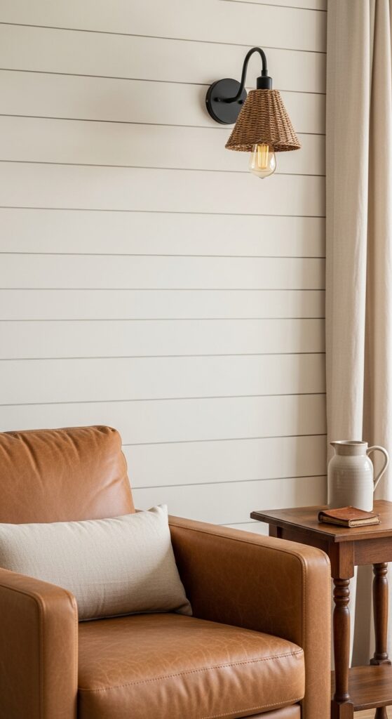 Cream Shiplap Accent Wall Behind Brown Leather Seating