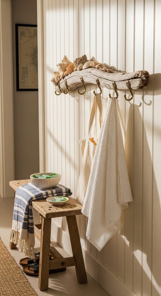 Driftwood and Shell Towel Rack