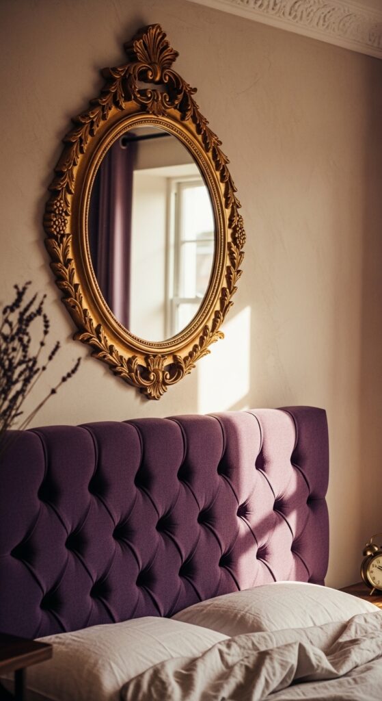 Gold-Framed Mirror Above a Purple Velvet Headboard
