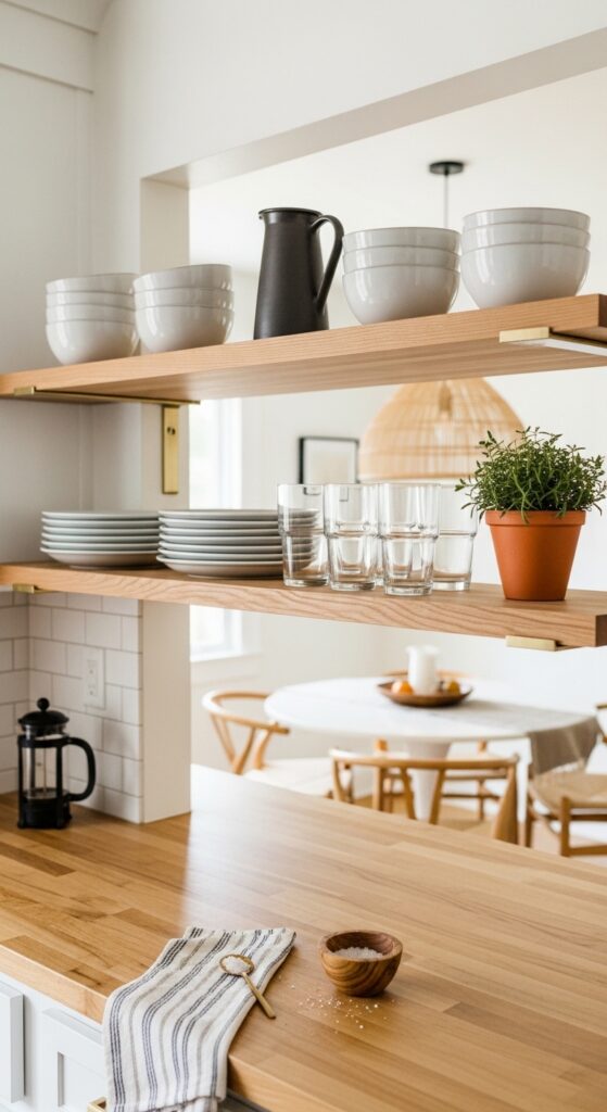 Open Kitchen-to-Dining Shelves Displaying Everyday Dishes