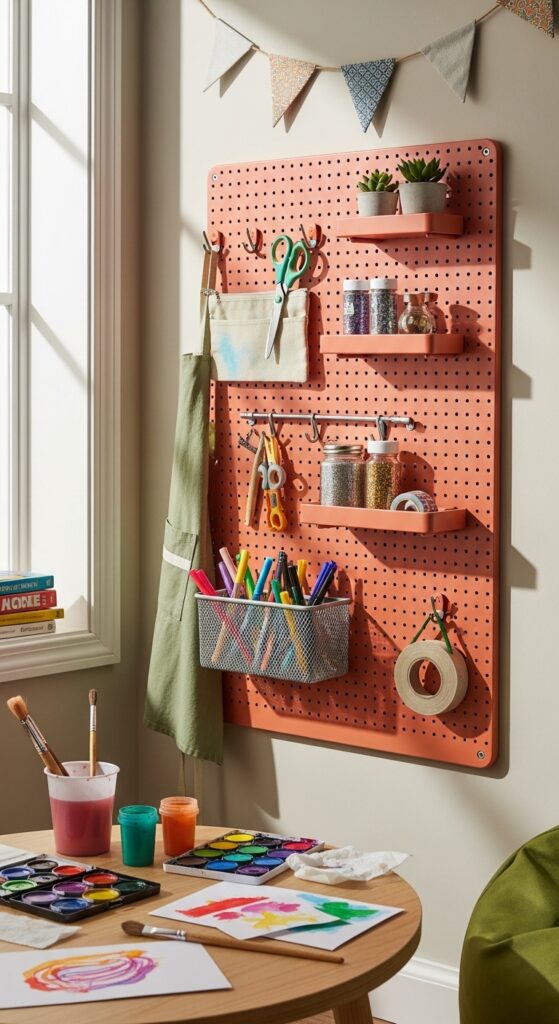 Pegboard Wall with Adjustable Hooks