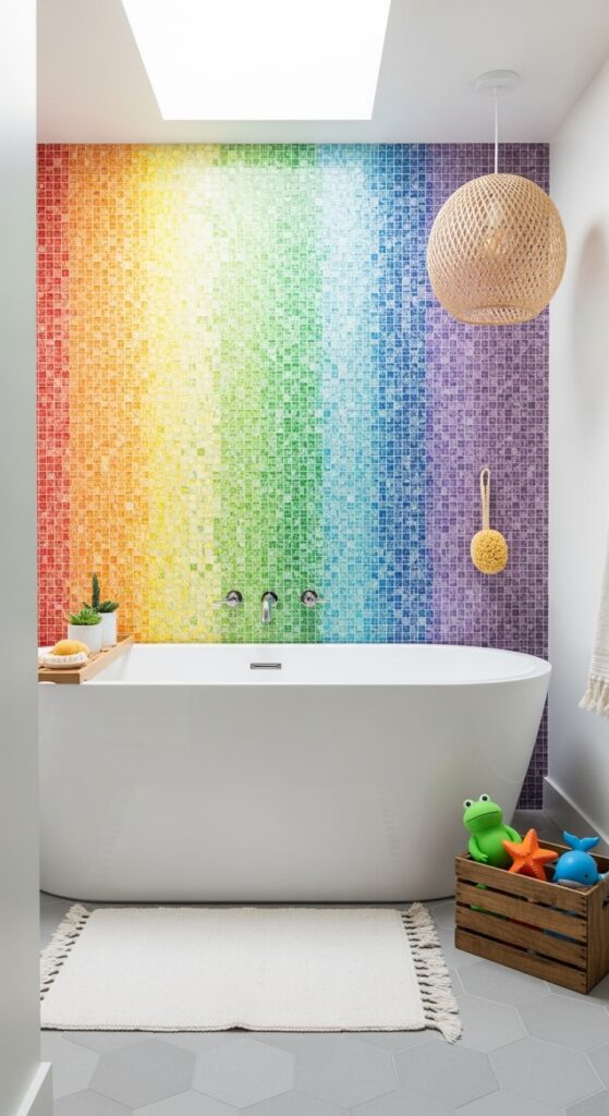 Rainbow Mosaic Accent Wall Behind the Bathtub