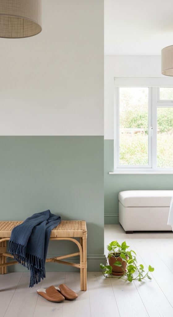 Sage Green Painted Half Wall with White Upper Portion