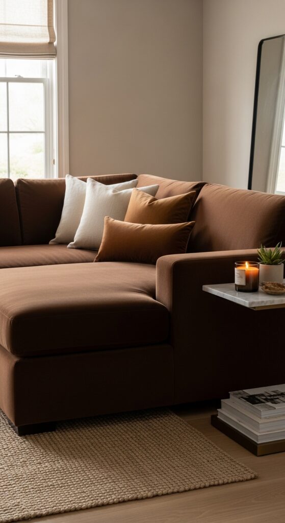Chocolate Brown Velvet Sectional in a Neutral Room