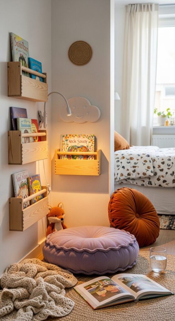 Corner Reading Nook with Built-In Book Bins