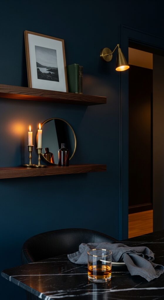 Dark Walnut Floating Shelves Against a Navy Accent Wall