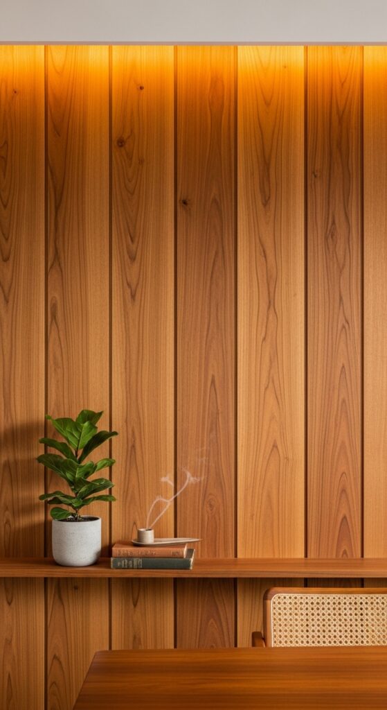 Floor-to-Ceiling Teak Wall Paneling