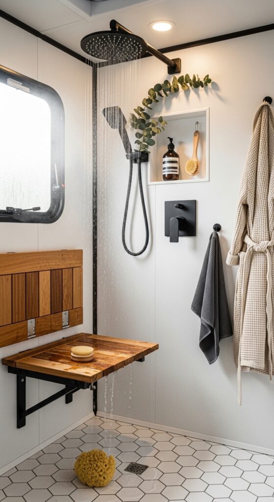 Folding Teak Bench Shower With Wall-Mounted Controls