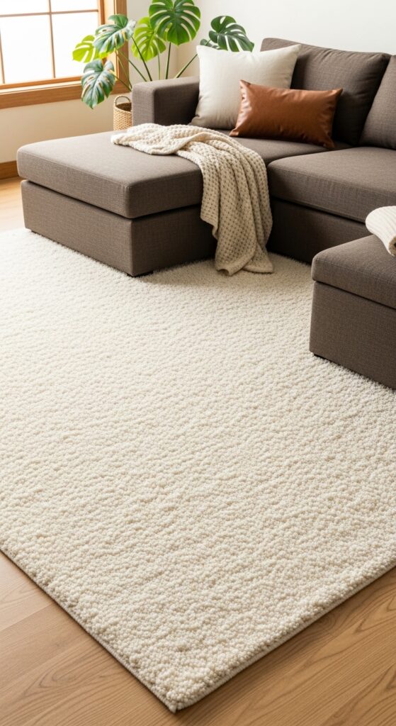 Oversized Cream Rug Under Dark Brown Sectional