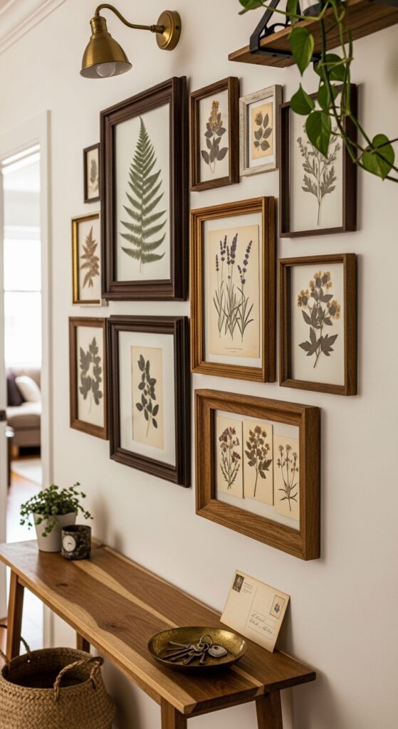 Gallery Wall of Thrifted Frames Filled with Prints and Pressed Botanicals