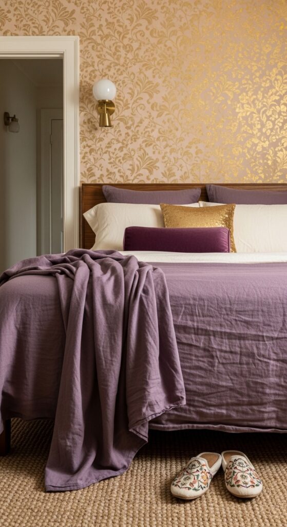 Gold Leaf Wallpaper Accent Wall with Eggplant Bedding