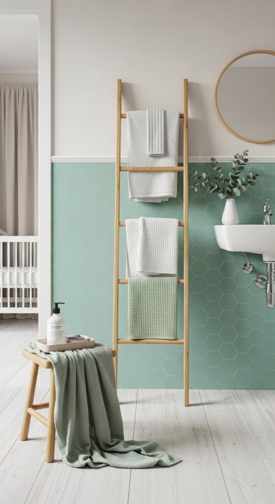 Mint Green Hexagon Tiles for a Soft Modern Nursery Bathroom