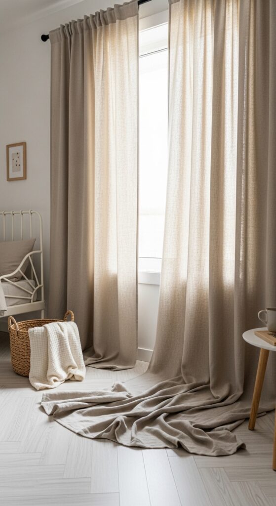 Neutral Linen Curtains That Pool on the Floor
