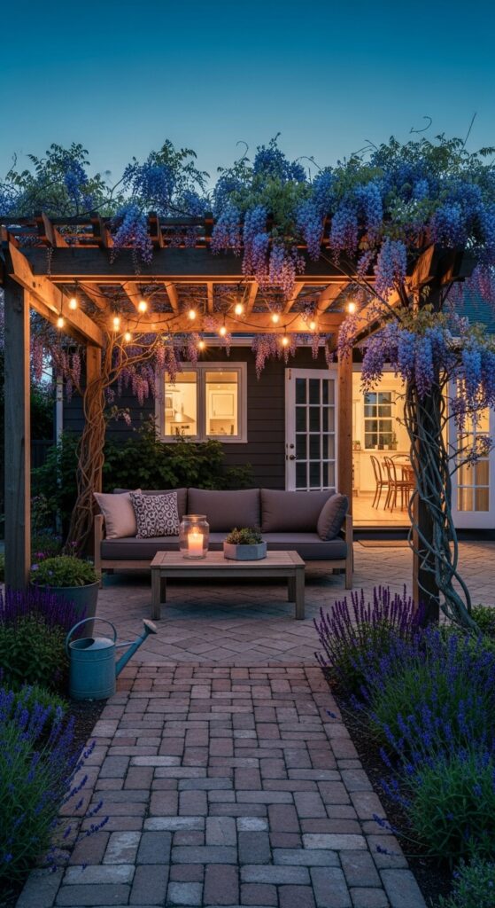 Pergola with Climbing Vines and String Lights