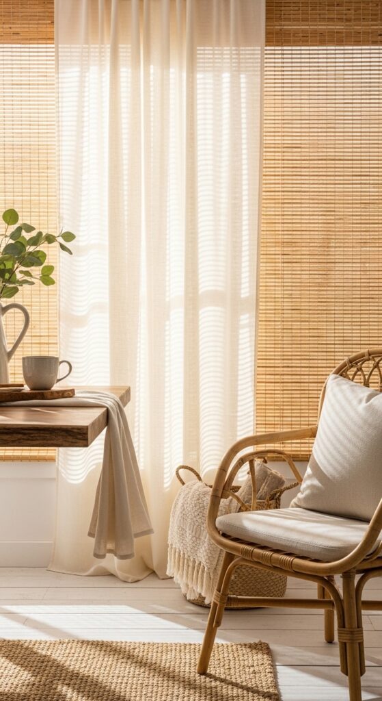 Sheer Cream Curtains Layered Over Bamboo Blinds