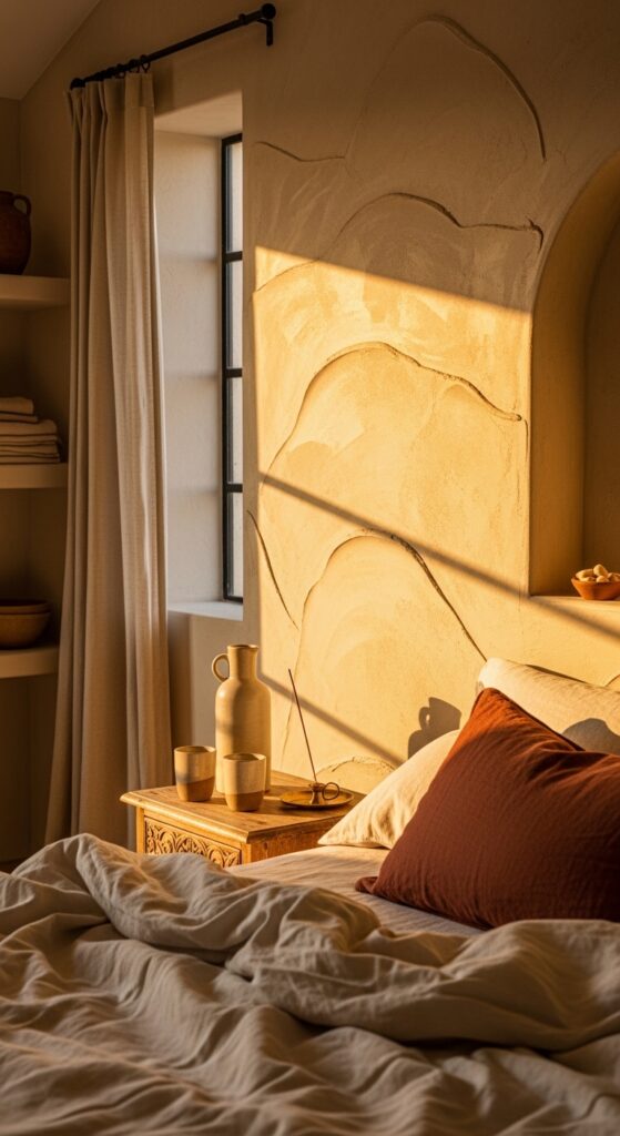 Textured Plaster Accent Wall with Subtle Wave Patterns