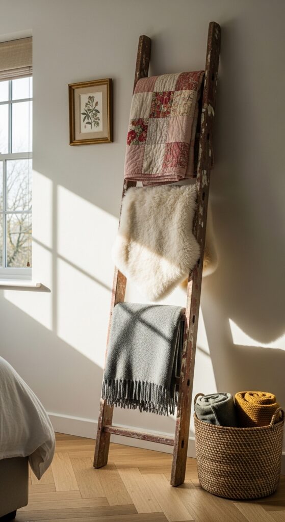 Vintage Wooden Ladder as a Blanket Display
