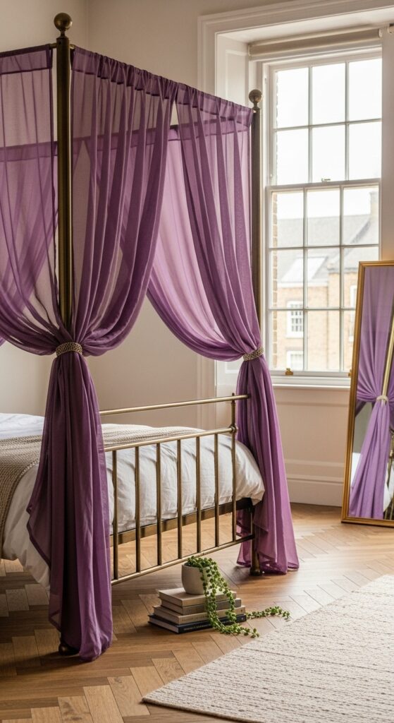 Brass Canopy Bed Frame with Sheer Purple Draping