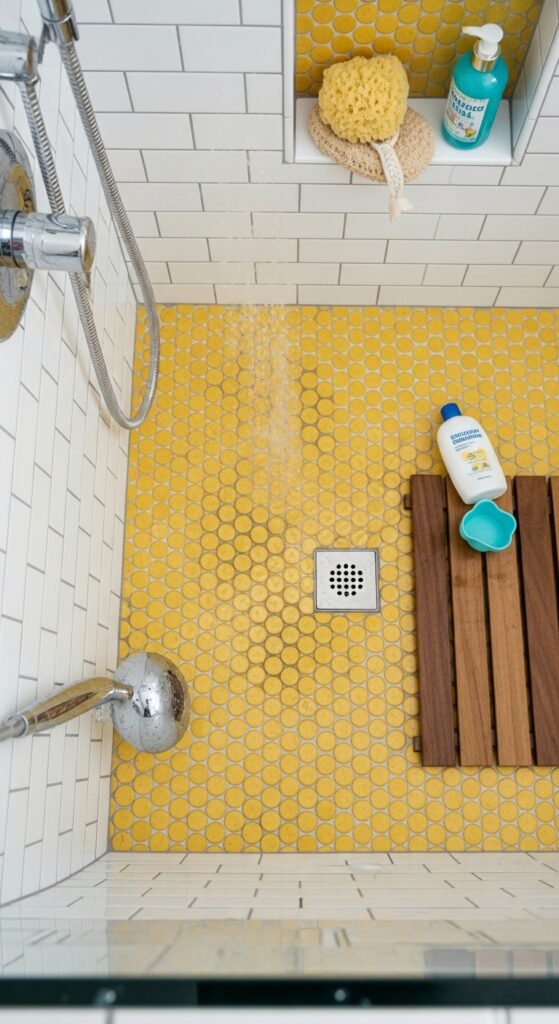 Bright Yellow Penny Round Tiles on the Shower Floor
