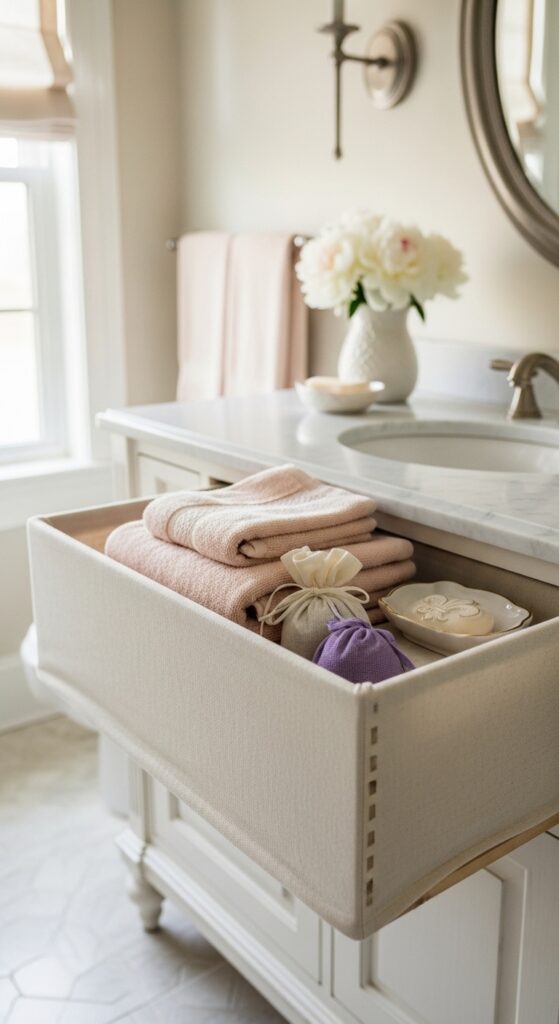 Fabric-Lined Drawers with Scented Sachets Tucked Underneath