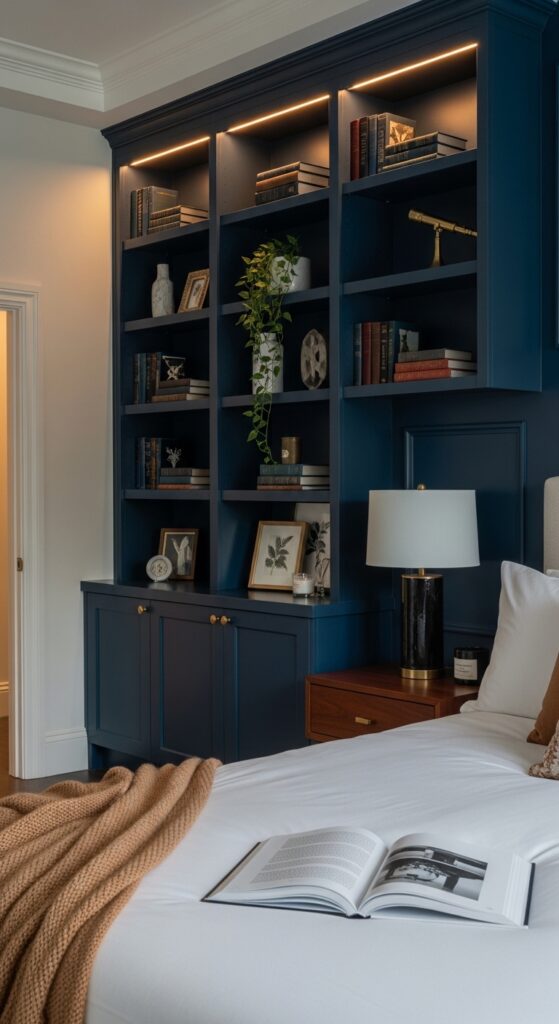 Floor-to-Ceiling Built-In Bookshelf Accent Wall Painted Navy