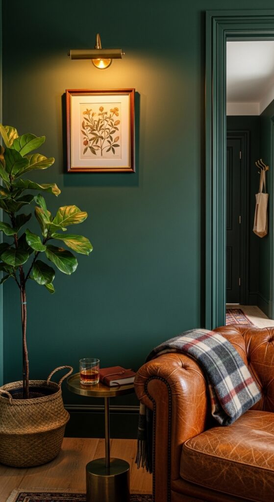 Forest Green Walls with Leather Furniture