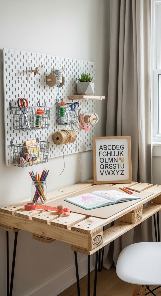 Pallet Desk with Attached Pegboard Organizer