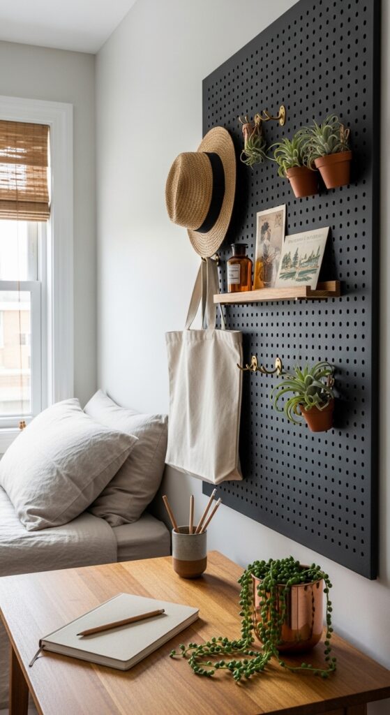 Pegboard Accent Wall for Vertical Storage and Decor