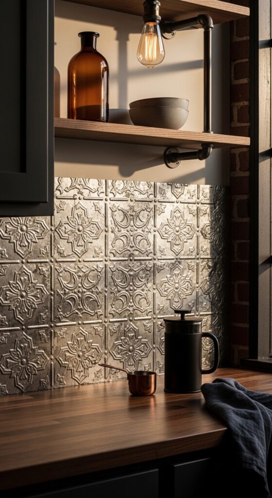 Pressed Tin Ceiling Tiles Repurposed as Backsplash