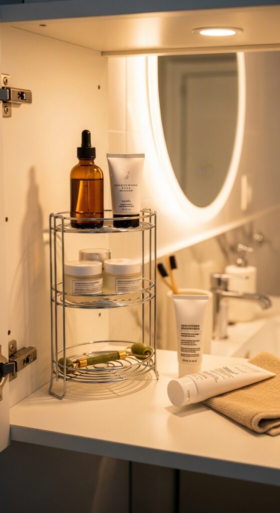 Tiered Spice Rack Repurposed for Skincare
