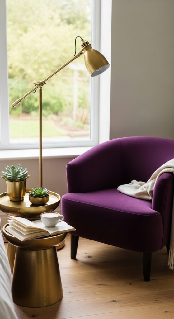 Amethyst Accent Chair in a Gold-Toned Reading Nook