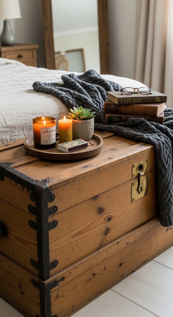 Antique Wooden Trunk at the Foot of the Bed