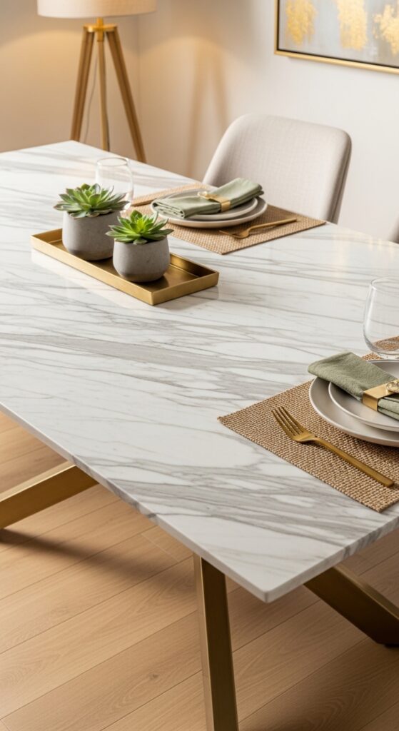 Marble-Top Dining Table with Metallic Base