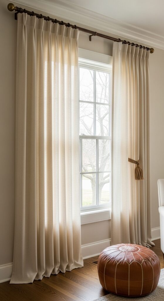 Cream Curtains with Brown Wooden Curtain Rods