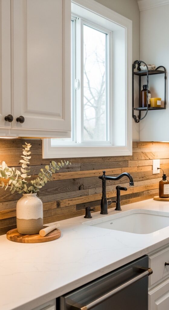 Reclaimed Wood Plank Accent Backsplash