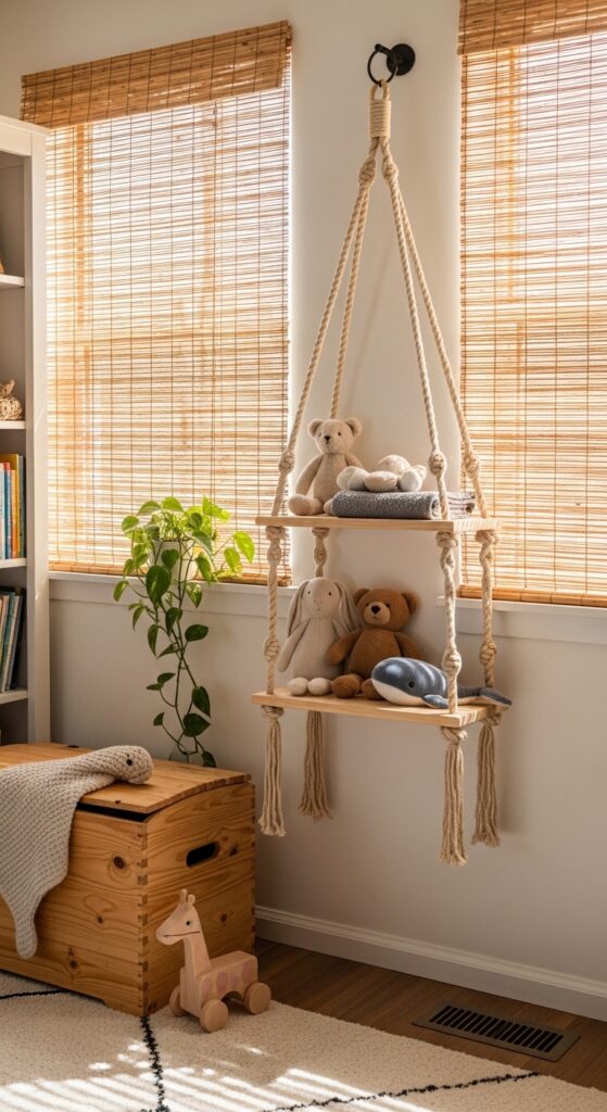 Rope-Wrapped Hanging Shelf for Stuffed Animal Display