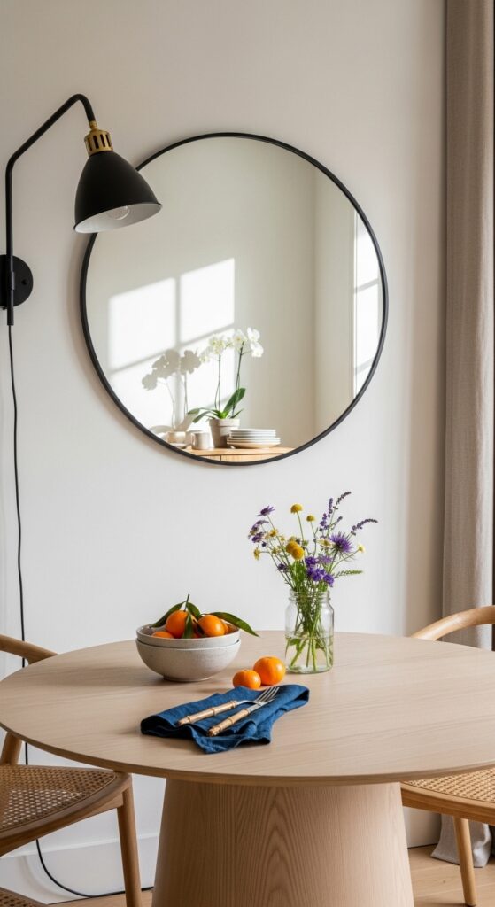 Round Mirror Centered Above a Circular Dining Table
