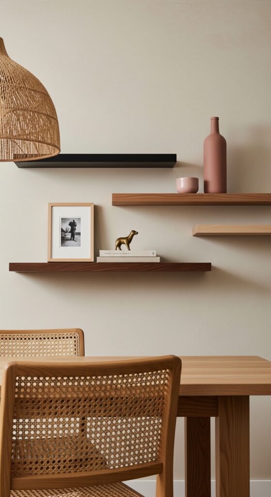 Staggered Asymmetrical Shelves as Dining Room Wall Art