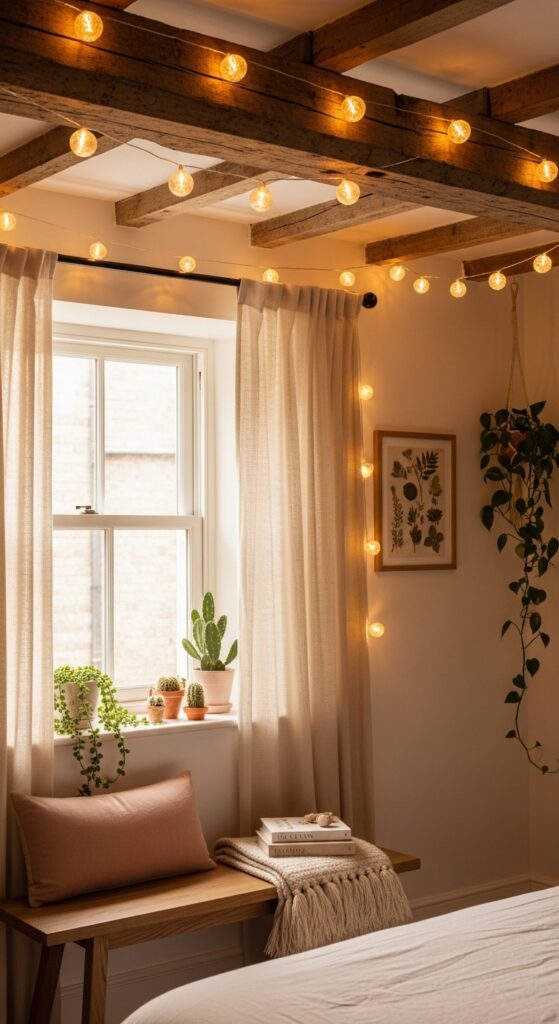 String Lights Woven Through Ceiling Beams or Around Windows