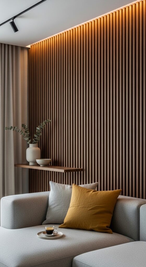 Vertical Wood Slat Wall with Walnut Stain