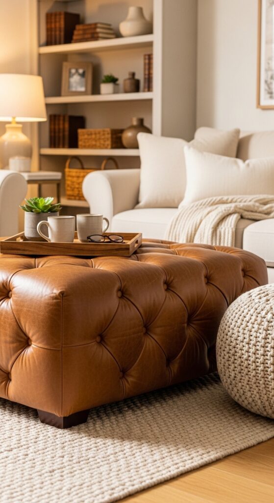 Brown Leather Ottoman as a Soft Coffee Table Alternative