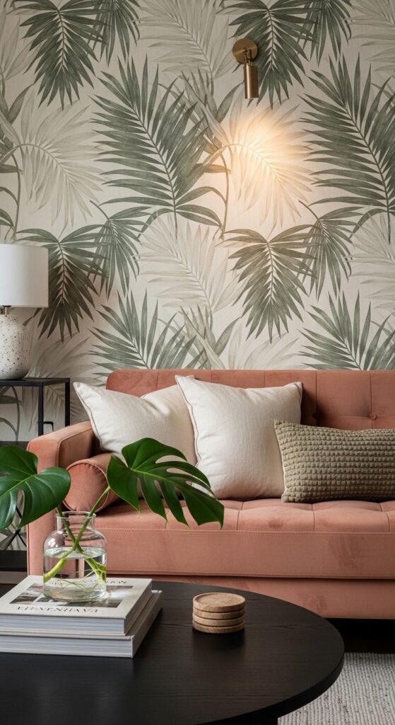 Botanical Wallpaper with Oversized Palm Leaves