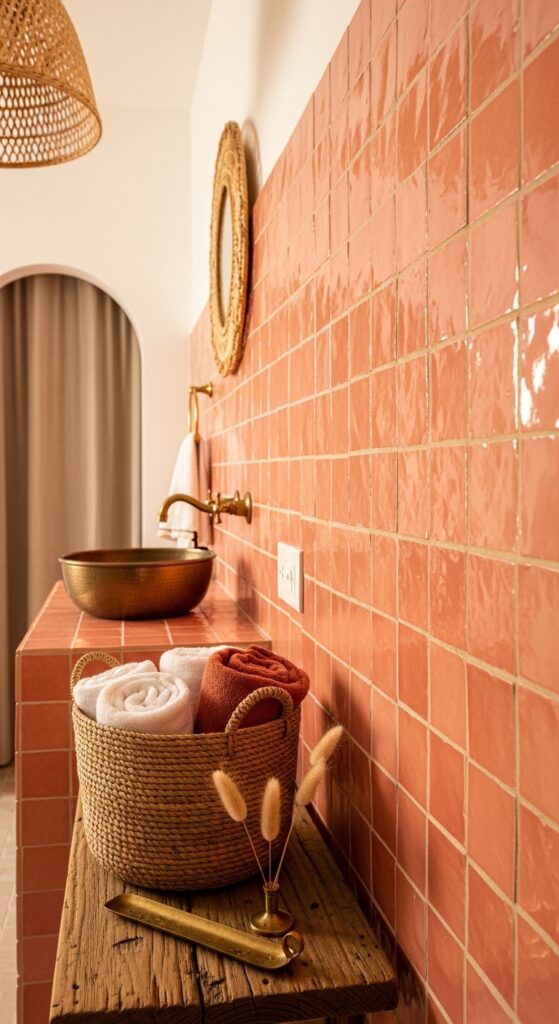 Coral Pink Zellige Tiles for a Warm Bohemian Kids Bath