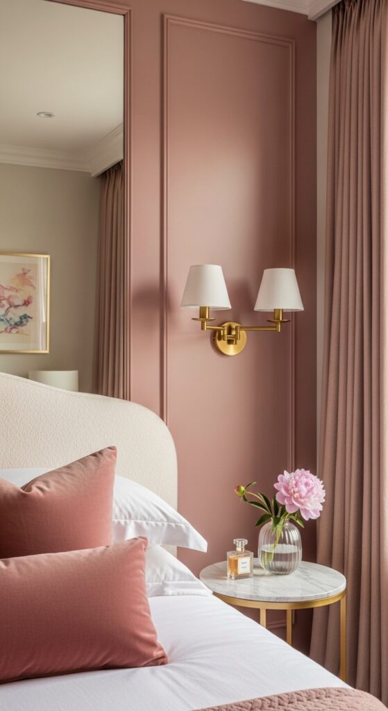 Dusty Blush Pink Accent Wall with Gold Metal Wall Sconces