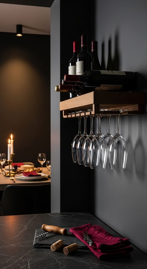 Floating Wine Rack Shelf with Glass Storage Below