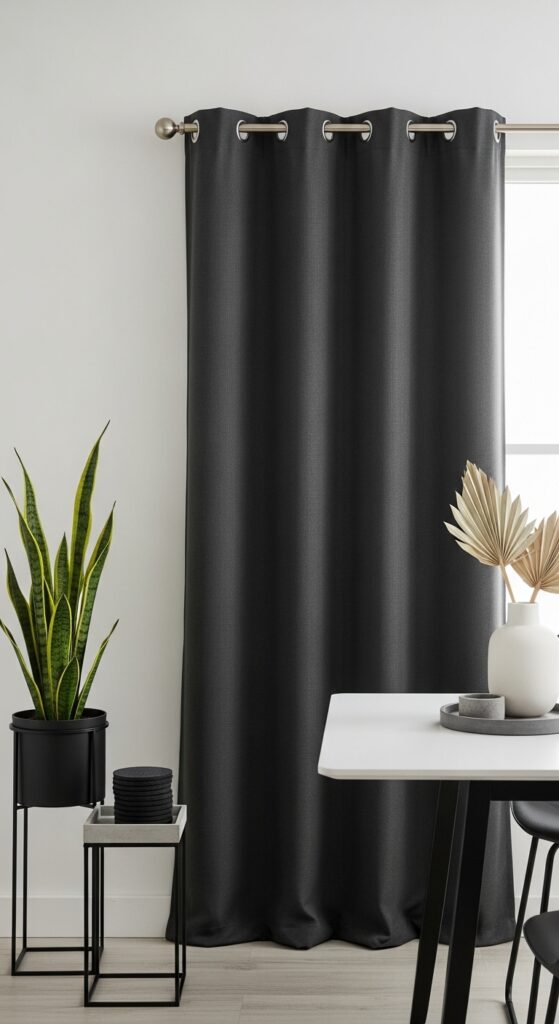 Grommet-Top Charcoal Curtains for a Sleek, Minimal Dining Room
